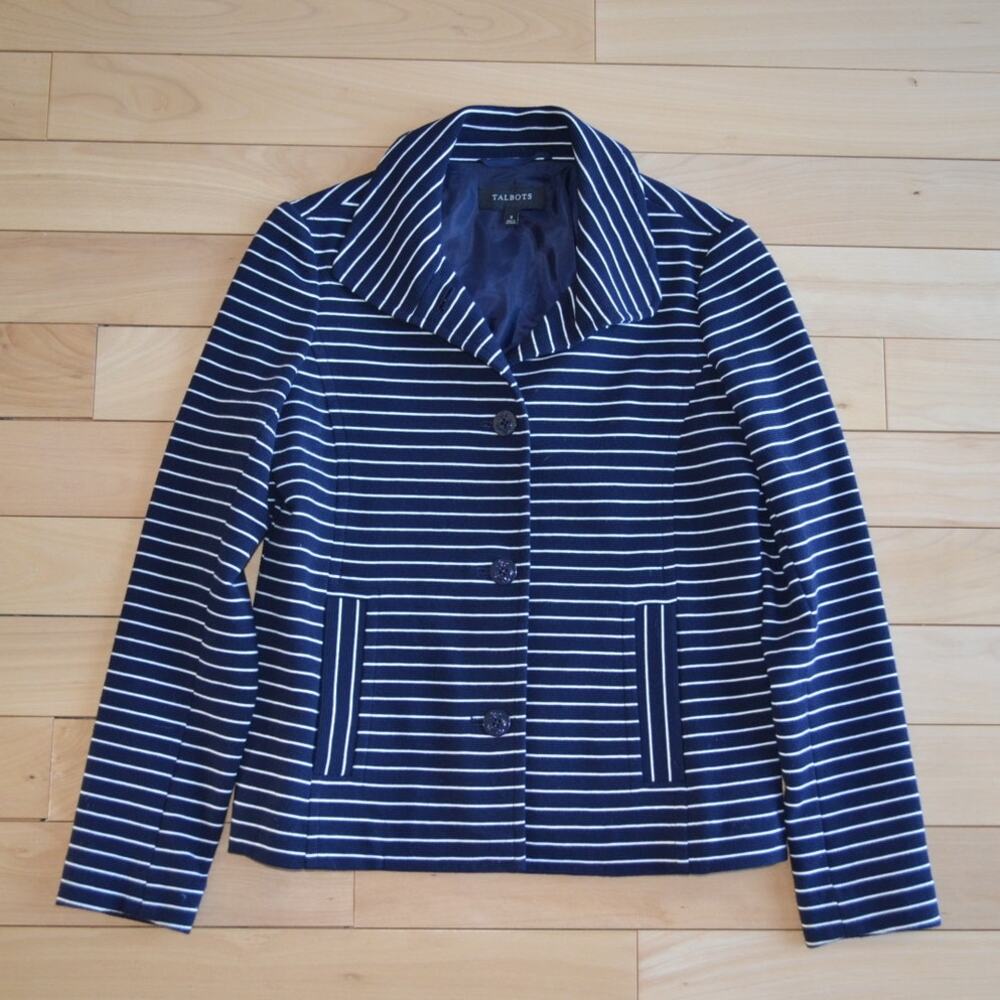 Talbots Blazer Suit Jacket Navy Blue Stripes Nautical Anchor Buttons Size Small